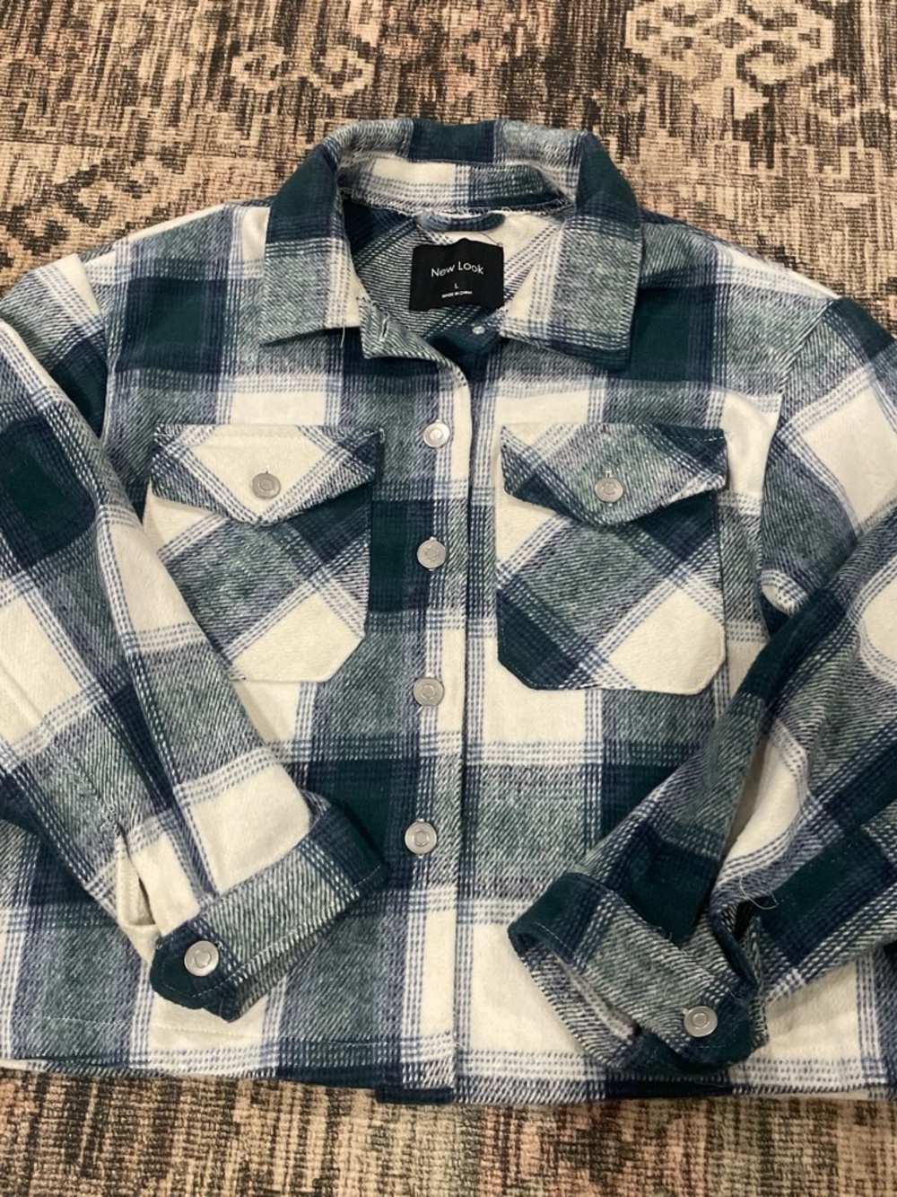 Women’s Teal, Navy and White Plaid Button-Up  Flannel Jacket